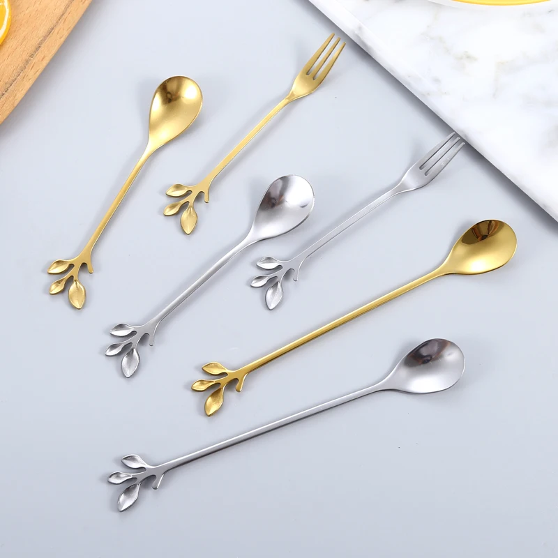 

Leaf Shape Stainless Steel Coffee Spoon Ice Cream Dessert Spoon Fork Small Fruit Cake Spoon Fork, Customized color