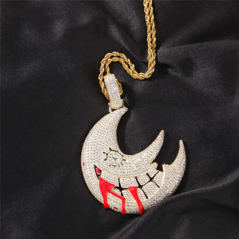 

Popular Pirate Ship Crescent Pendant Necklace For Gift Hip Hop Iced Out Full Diamond Gold Plated Jewelry Twist Chain Necklaces, Gold/silver