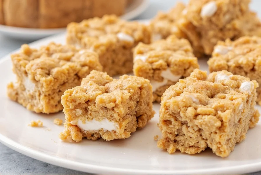 Close-up of golden brown cinnamon toast crunch marshmallow treats with visible cereal pieces and melted marshmallow binding on white plate