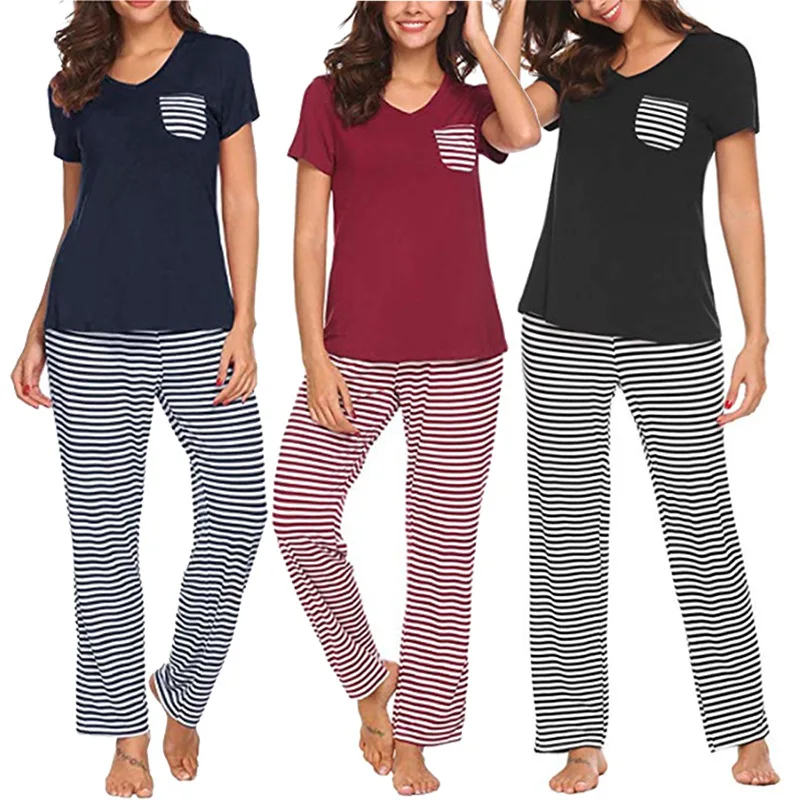 

pijamas woman two piece setshort sleeve trousers sleepwear Elastic Comfy modal cotton loungewear stripe nightgown, 3colors