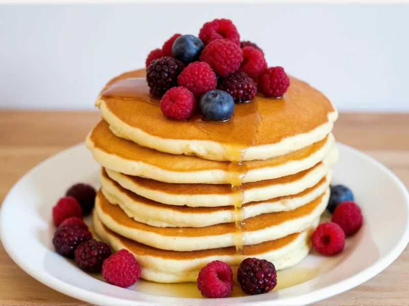 Stacked buttermilk pancakes with maple syrup and fresh berries