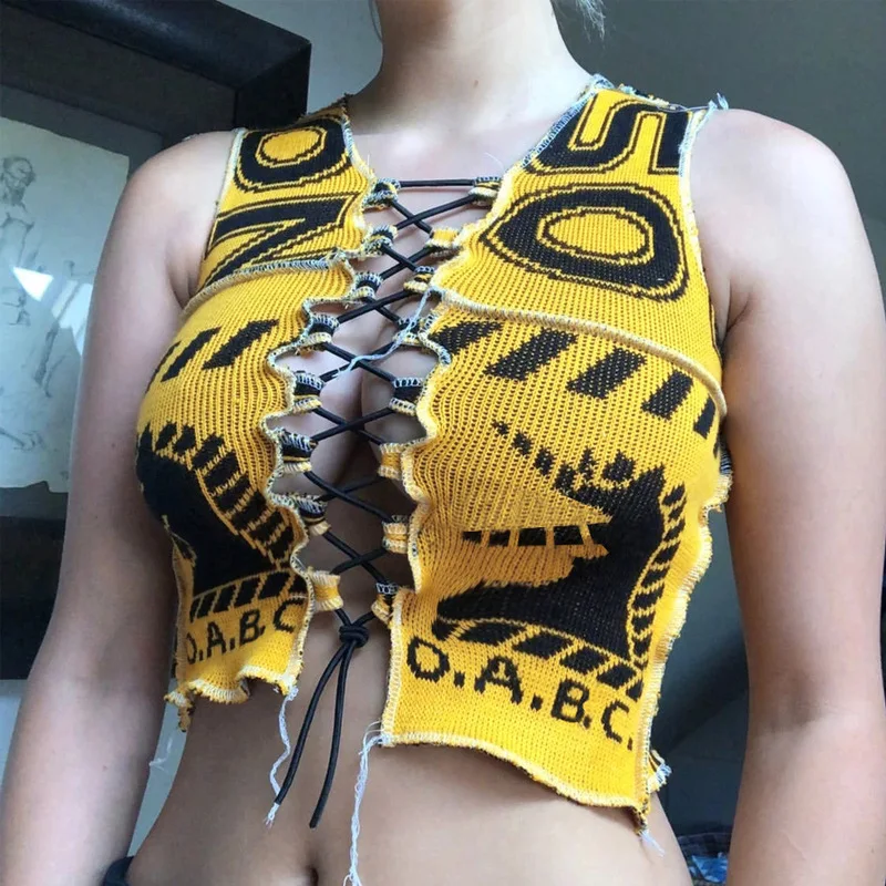 

Hot Sexy Printed Hollow Out Tank Tie Up Cropped Tie Front Corset Crop Top