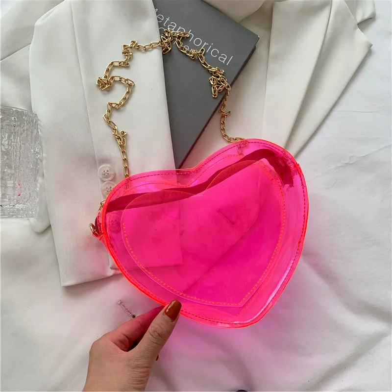 

2021 New fashion trendy simple bags peach heart women shoulder messenger chain bag transparent jelly handbags