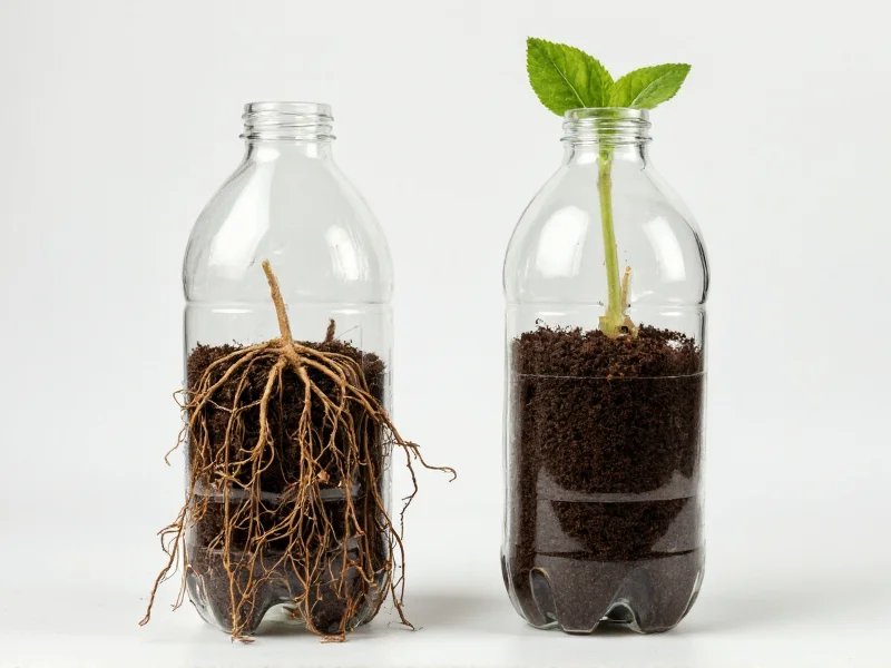 Plastic bottle cut in half showing soil and plant roots