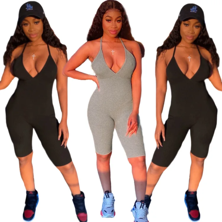 

Skinny Yoga Set Women Strapless Sports Set Bodysuit Solid Color Backless Fitness Clothing Deep V-collar Jumpsuit