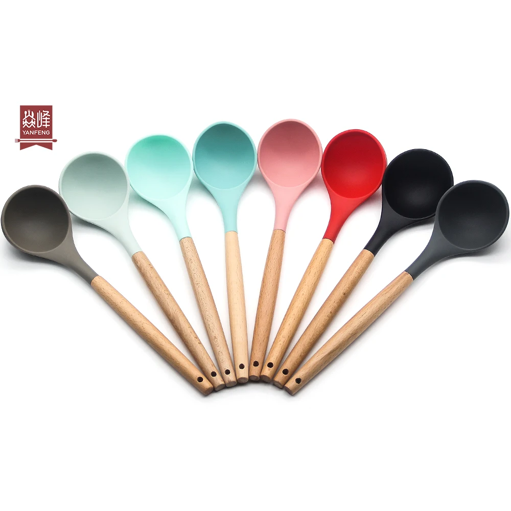 

YF High quality food grade silicone ladle with beech handle multi color heat resistant kitchen ladle, Pink/black/red/grey/green/light green/dark green/brown