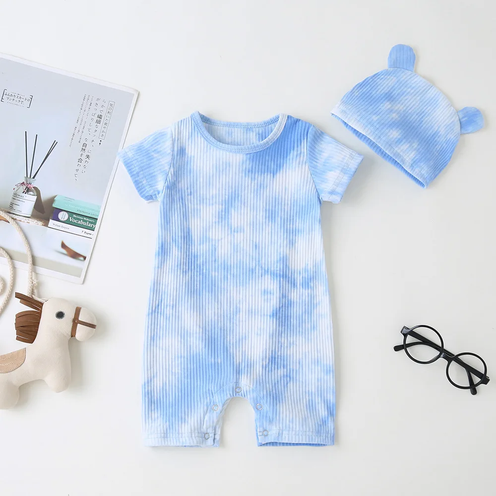 

2021 new fashion 95% cotton 5% spandex blue short sleeve with hat plain summer tie dye jumpsuit ribbed baby romper