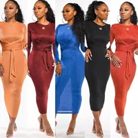 

B62032A Wholesale Bulk Women's Clothing Fashion Knit Long Sleeve Sexy Cold Shoulder Women Bodycon Dress 2019