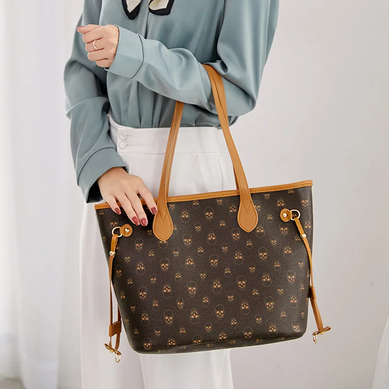 

Bag Women 2021 New Retro Printing Skull Pattern Zipper Women Tote Bags, Red, black, pink, beige, brown, brown