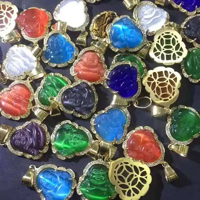 

HipHop cat eye stone buddha pendant jade Maitreya pendant men necklace for women