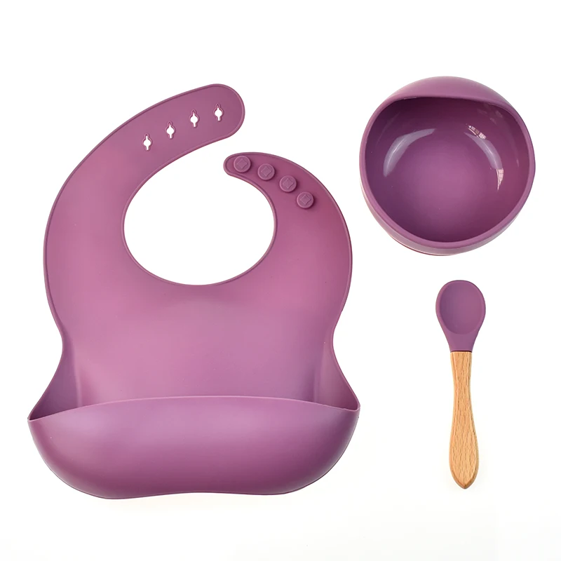 

Hot Selling Custom Silicone Baby Bib And Silicone Suction Baby Bowl And Silicone Baby Spoon With Bamboo Handle, Pantone colors