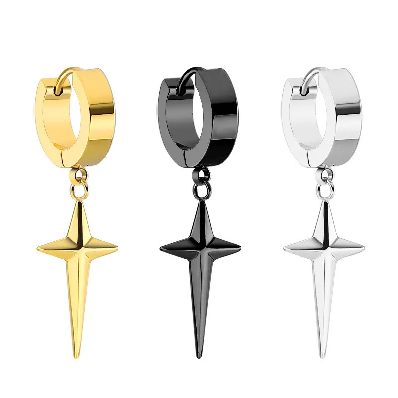 

High Quality Mens Stainless Steel Hoop Drop Cross Earrings Hiphop Punk Huggies Gold Black Earrings