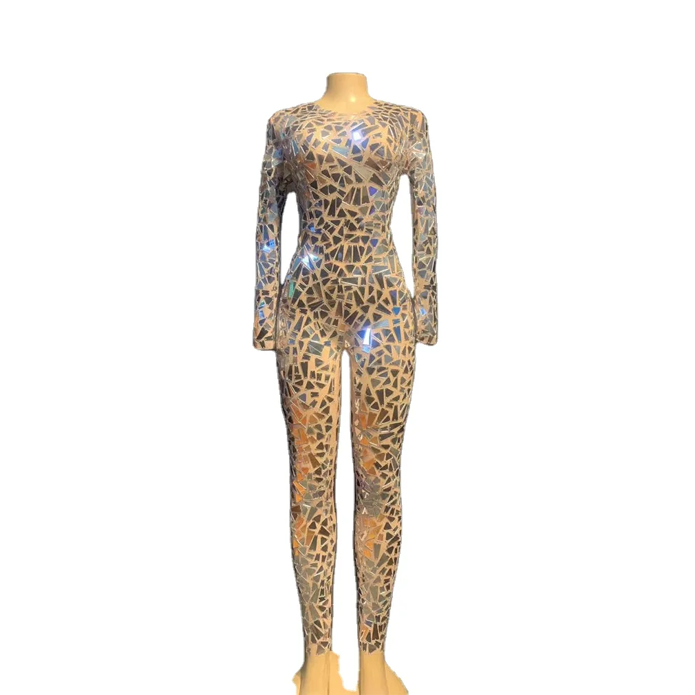 

Long Sleeve Zipper Transparent Women Sequin One-piece Glitter Bodycon Jumpsuits and Rompers