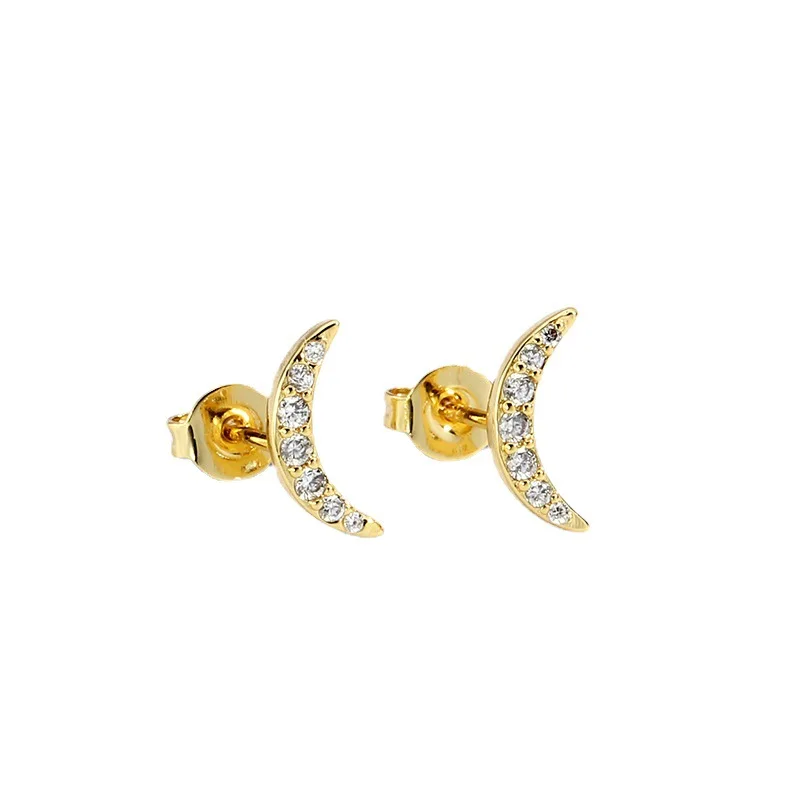 

Fashion Gold Plated Zircon Silver Needle Earrings Rhinestone Crescent Moon Studs Earring