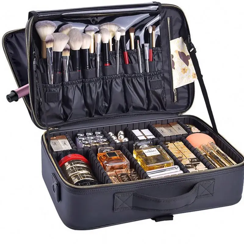 

High Capacity Makeup Case With Dividers Private Label Fashion Cover Large Cosmetic Square Compact Customized Logo, Colors