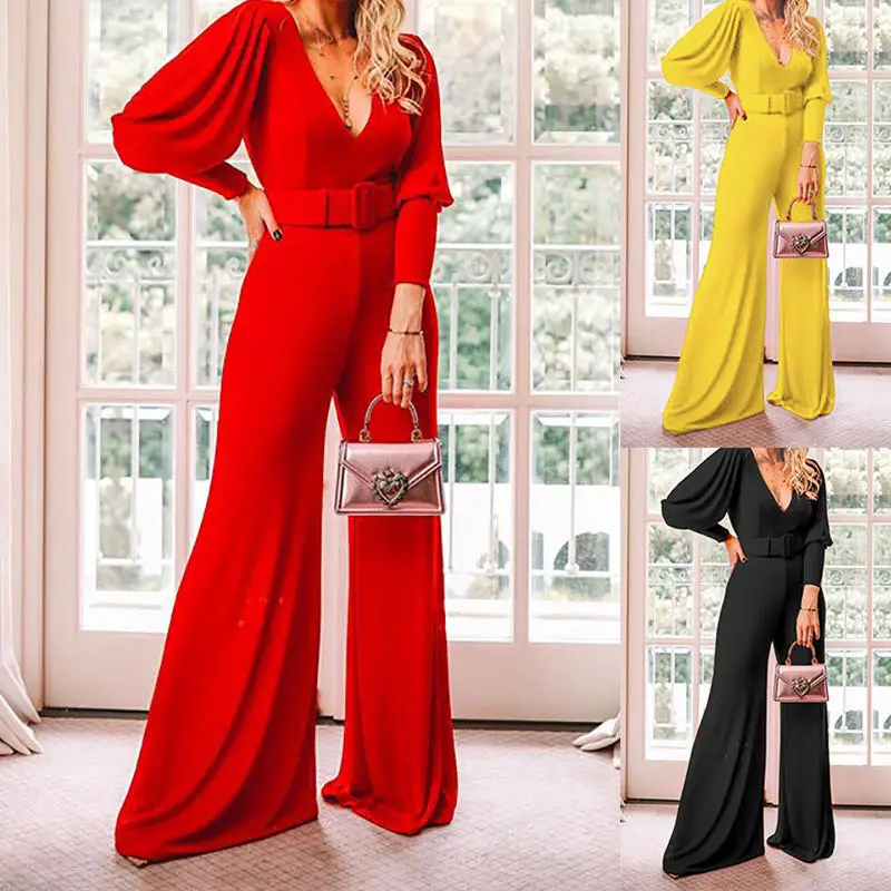 

2020 hot sale european women v neck sexy jumpsuit highwaist fashion design, Yellow red black or customized