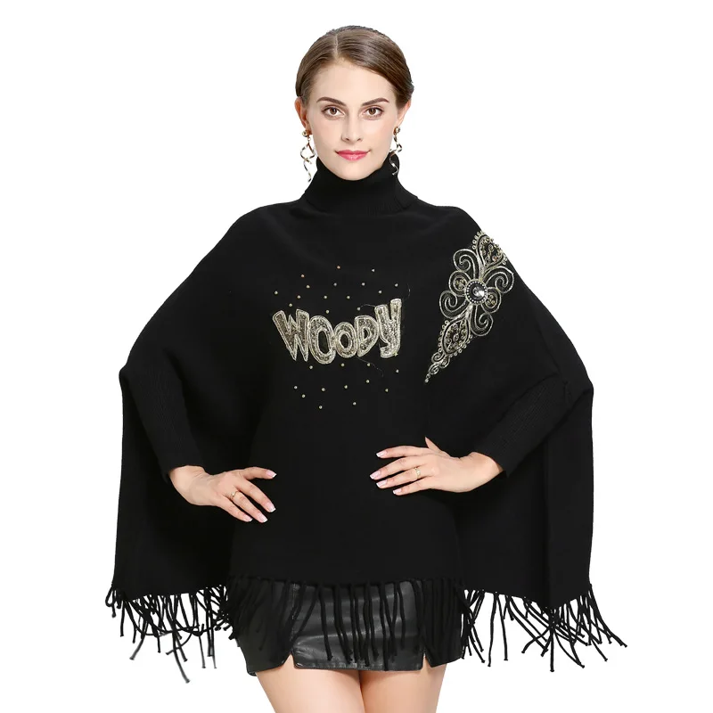 

Wholesale turtleneck crochet women sweater tassel poncho patterns embroidery letter pullover shawl