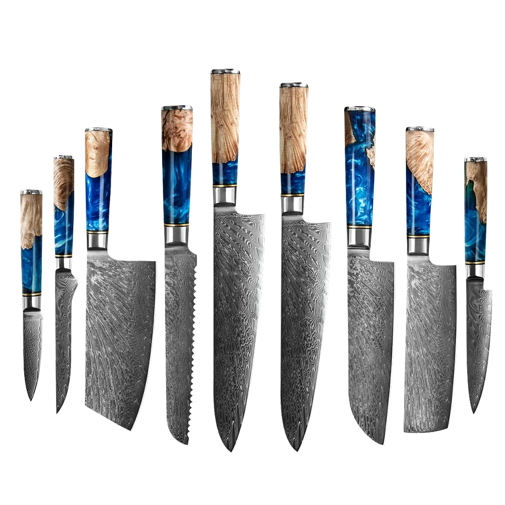 

Amazon hot selling professional custom 9pcs Damascus Kitchen Knife set resin wooden handle Cutting Meat Kitchen knife