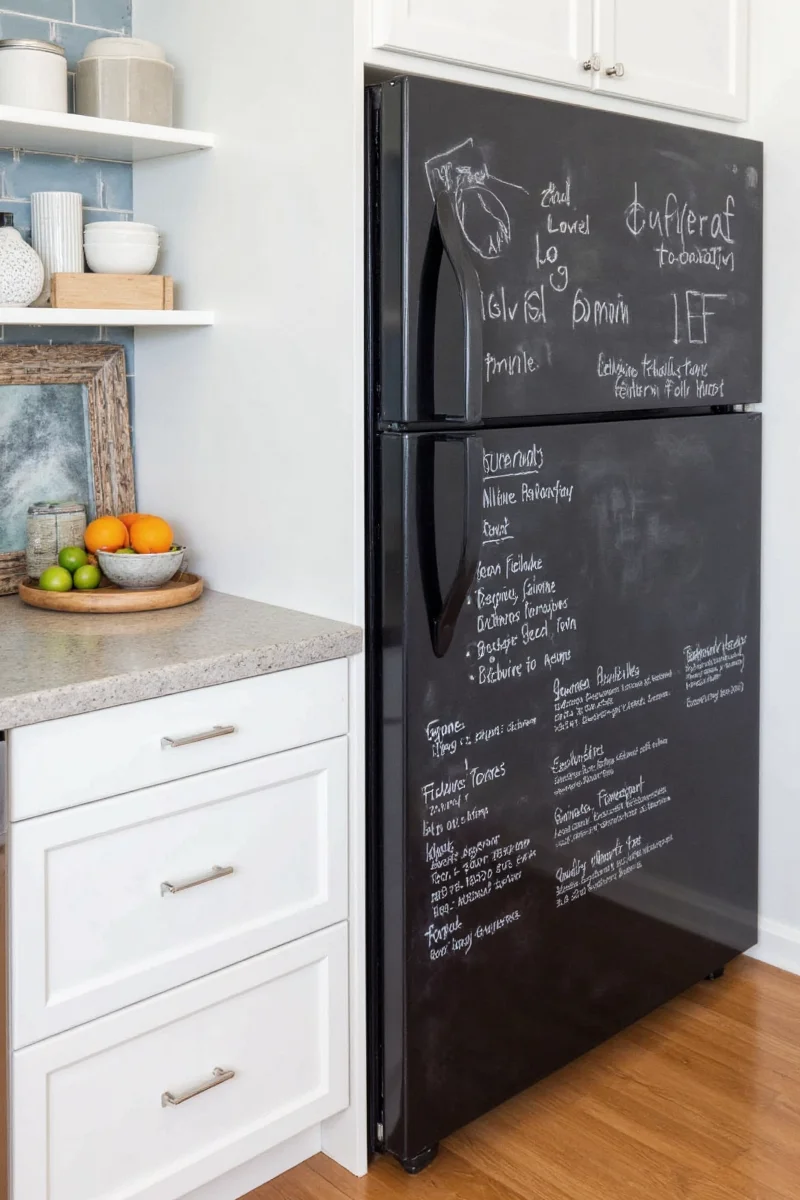 Holiday-themed chalkboard on fridge