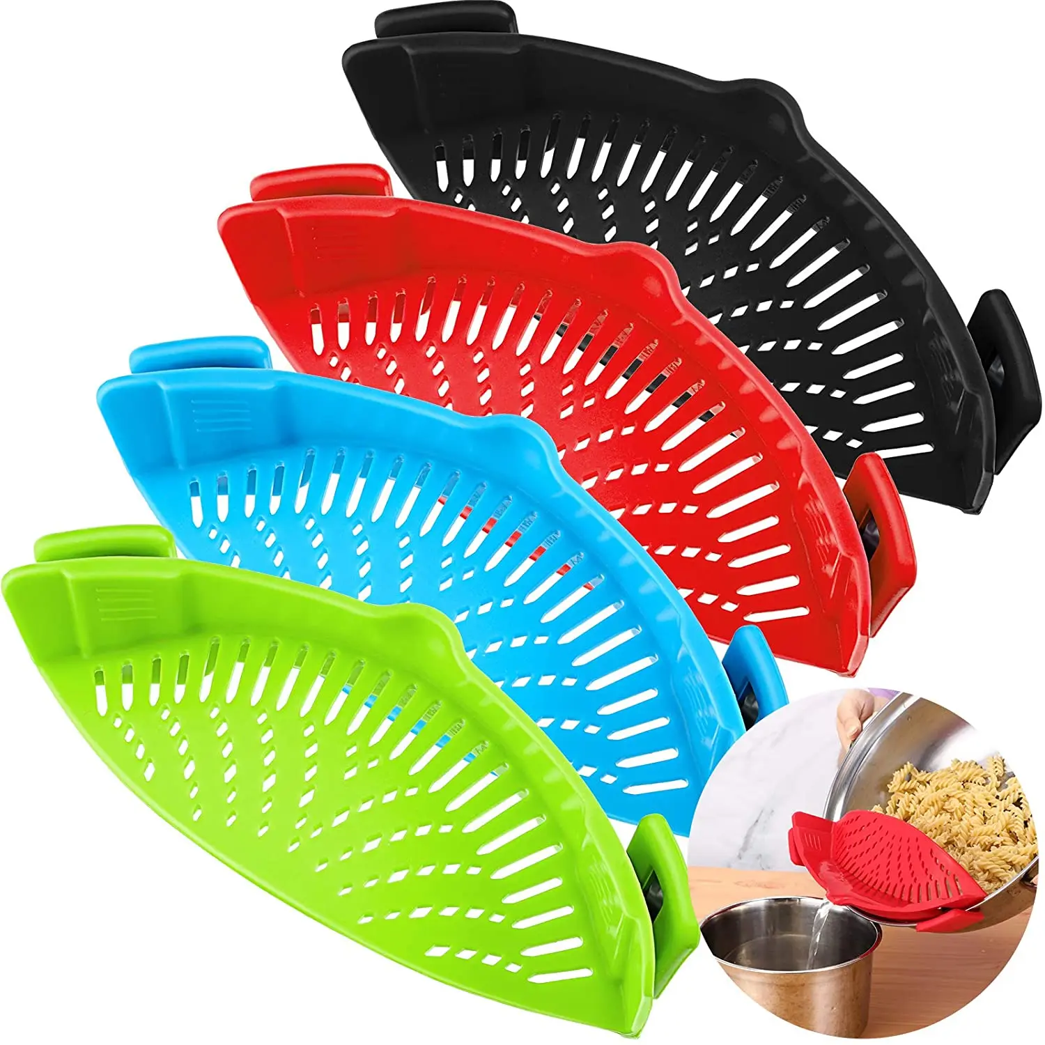 

Amazon best sale Kitchen Gadgets Hands free Clip On Colander Fit All Pots Bowls for food vegetable fruits silicone snap strainer, Green, purple, black, red, blue, customized available