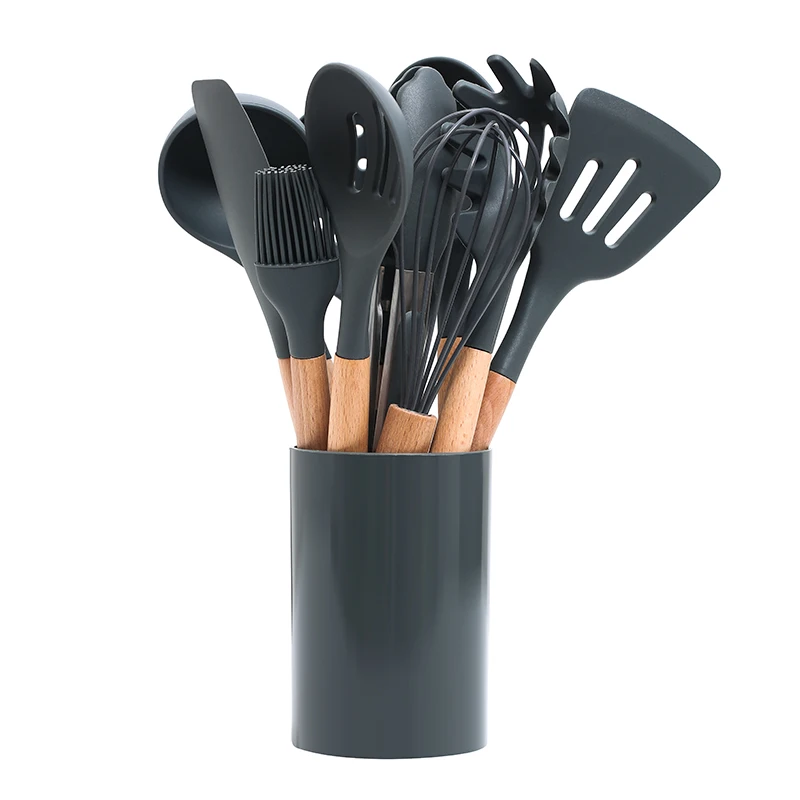 

12 PCS Cooking Cookware Kit Silicone Kitchen Utensil Set with Spoon/Shovel/Soup/Brush, Deep grey