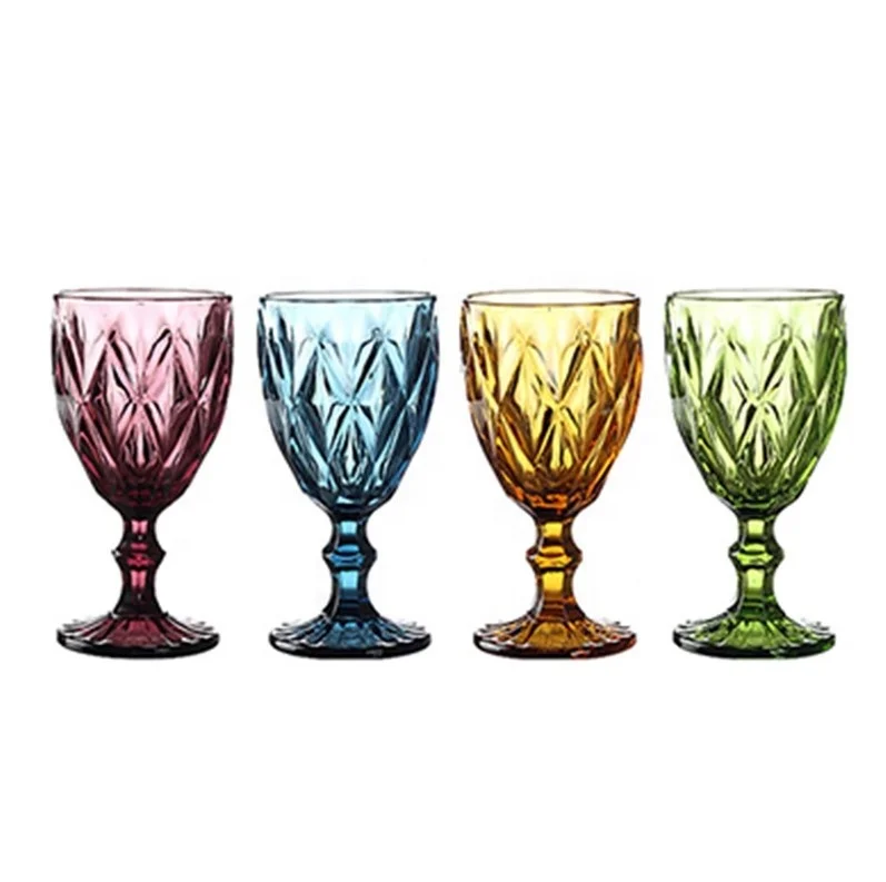 

Stocked Cheap Embissed Novelty Decorative Colored Water Glass Heavy Base Wine Glass