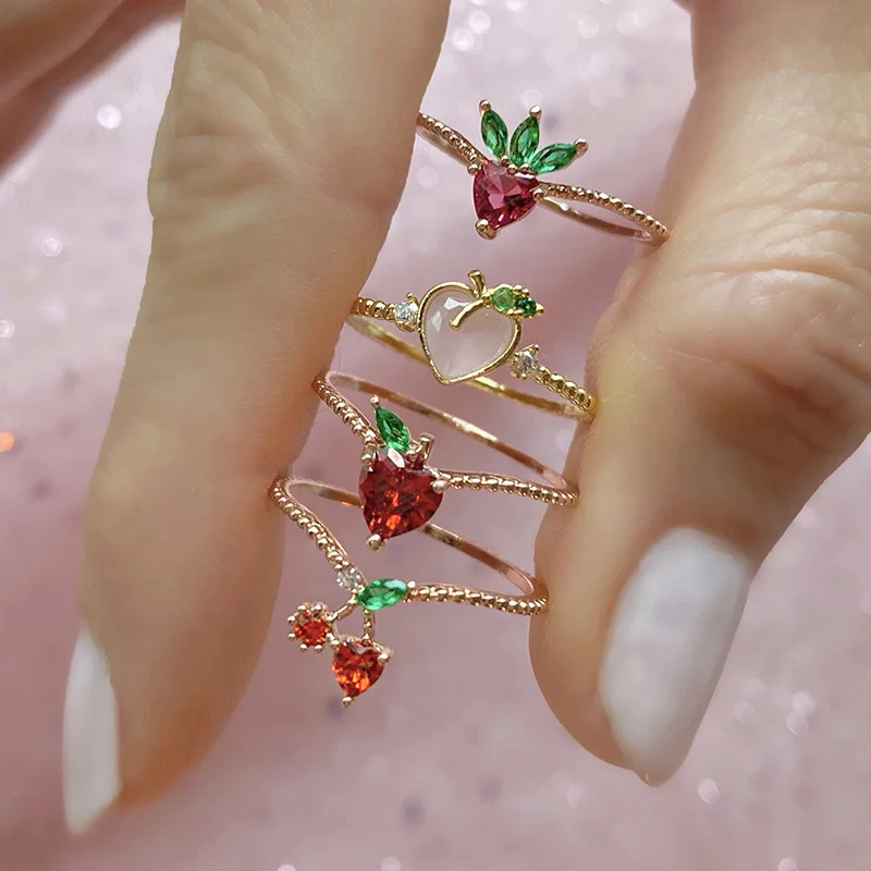 

Copper Zircon Gold Plated Fashion Women Delicious Cherry Peach Fruit Opal Stone Rings Fine Spring Summer Jewelry, Picture shows