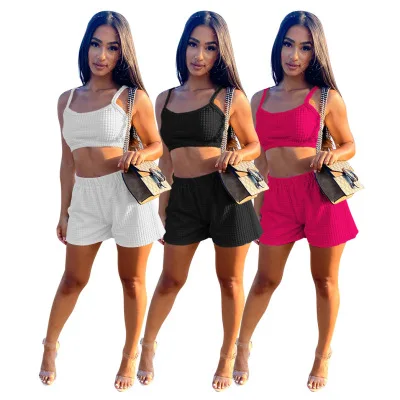 

B35882A 2021 Summer Ready to ship woman casual loose shorts set, Black/white/pink/gray/green
