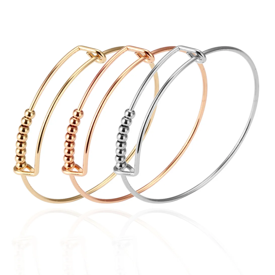 

Simple Gold Silver Plated Stainless Steel Expandable Bead Bracelet Rose Gold Exquisite Adjustable Wire Bangle Bracelet