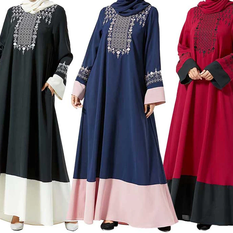 

Middle East dress fashion plant embroidery panel contrast pocket abaya Muslim long dress, Picture