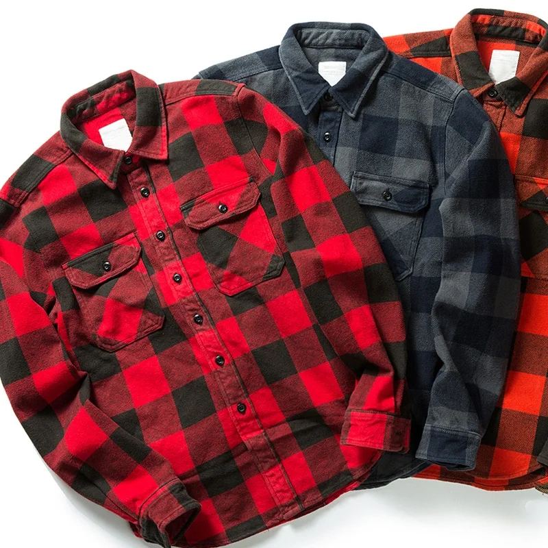 

100% Cotton Extra Heavyweight Black Red Vintage Spring Autumn Winter Long Sleeve Plaid Flannel Shirt for Men