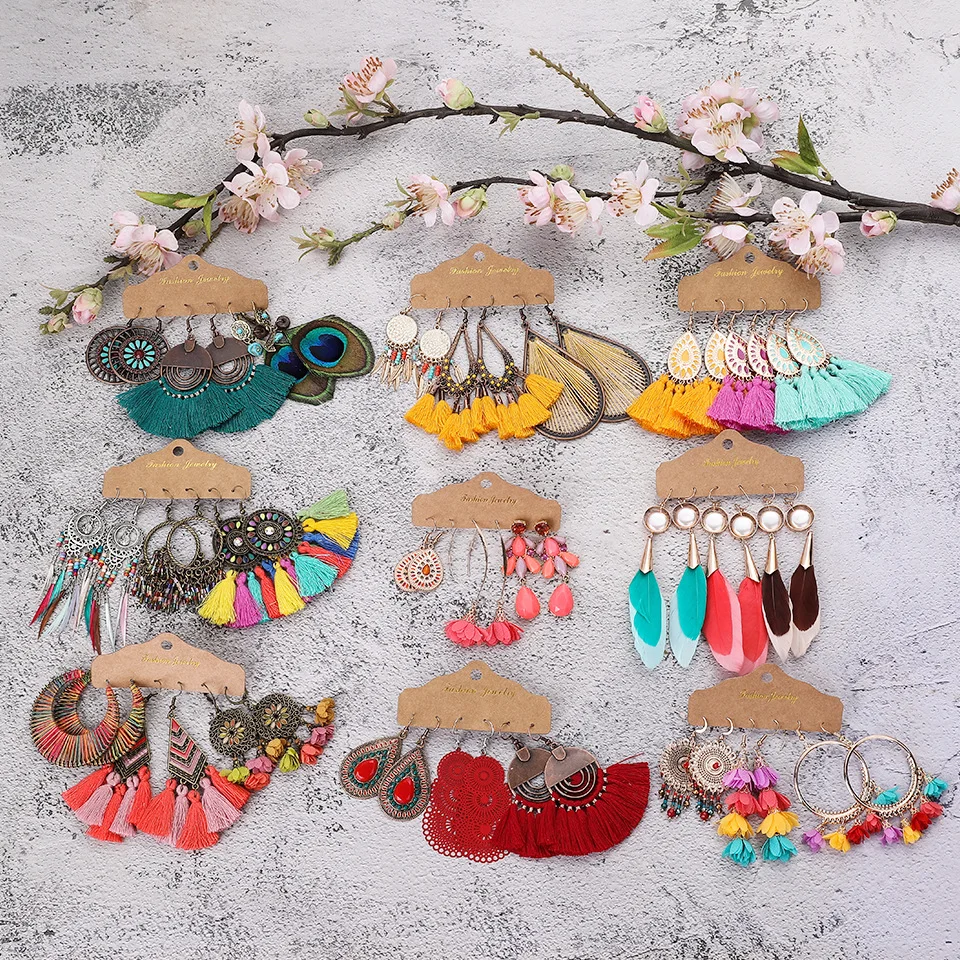 

3 Pairs Wholesale European And American Fashion Bohemian Earrings Women Gold Plated Jewelry Tassel Earrings Set For Girls, Picture shows