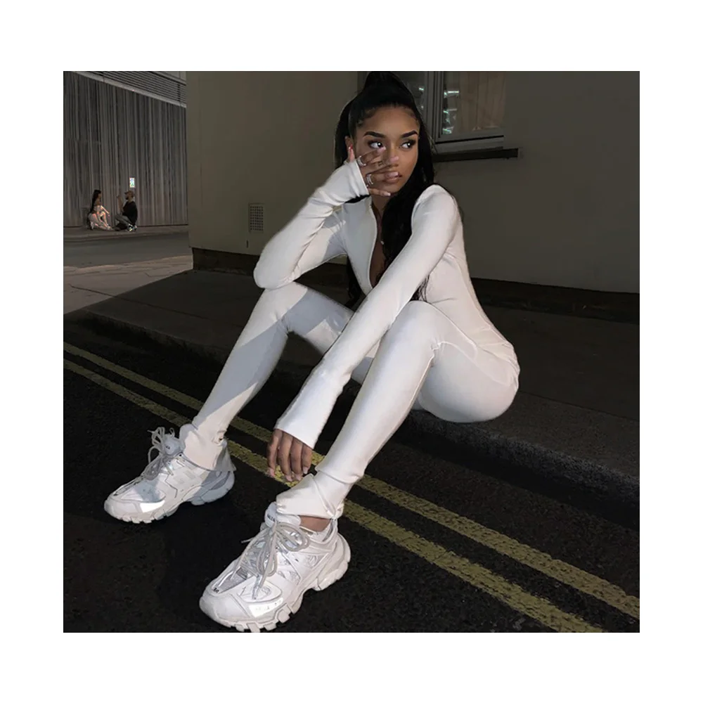 

KEYIDI Sexy High Waist V neck Tight Zipper Long Sleeve Sport Women Jumpsuits