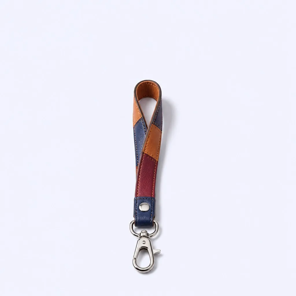 Multicolor patchwork leather wrist strap keychain flat lay