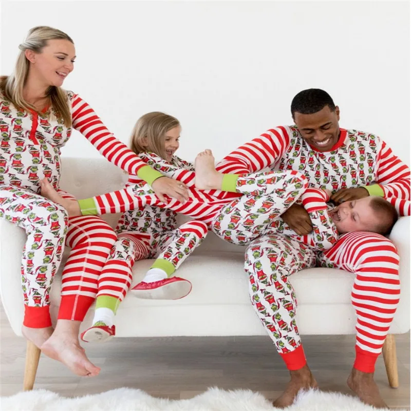 

Wholesale Winter Christmas Family Kids Adult Stripe Print Pajamas Set