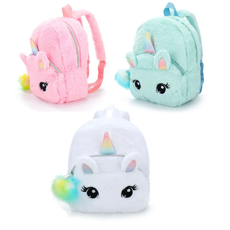 

Wholesale cartoon unicorn fleece kindergarten bag kids preschool backpack with fur pom poms, As picture show