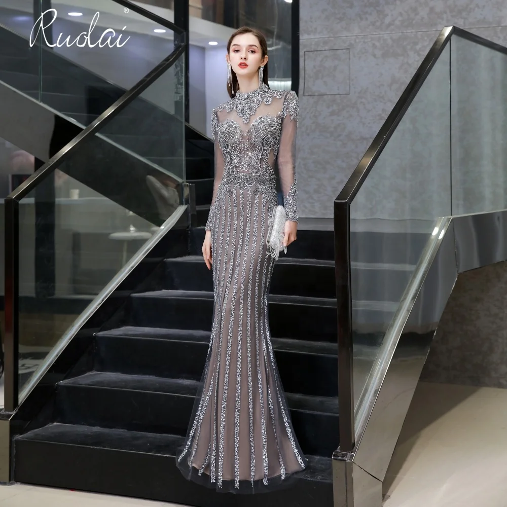

Ruolai ASA86443 Luxury Long Sleeve Arabia women party dress in Bubai gelinlik Mermaid Long Evening Dresses