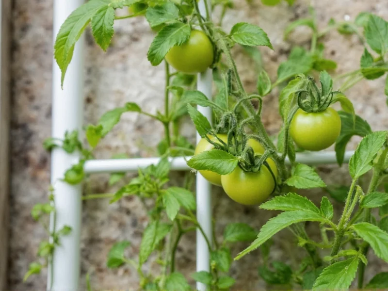 Healthy tomato plant on PVC trellis with proper string support