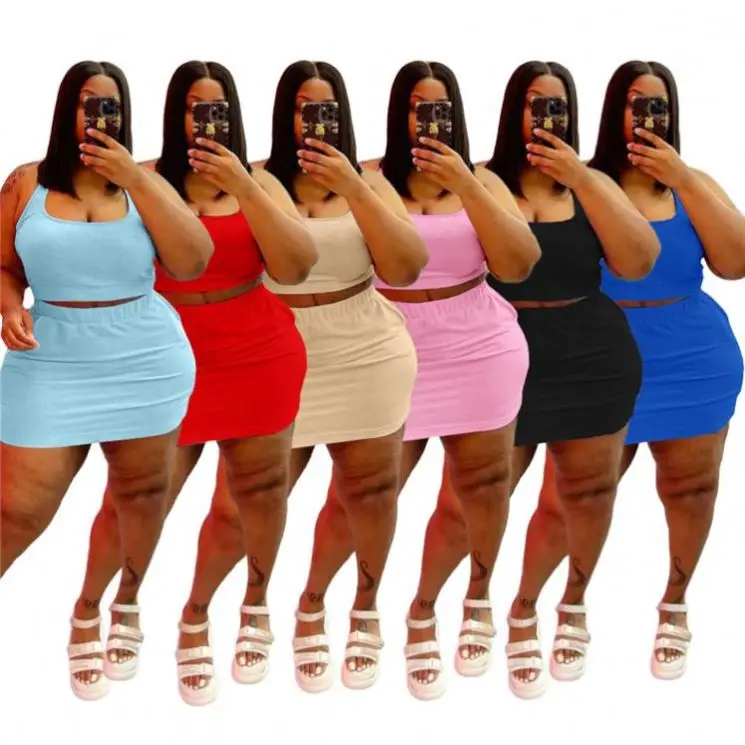 

IBEAUTY New Trendy Plus Size Solid Color Summer Sleeveless Women Two Piece Short Skirt Set