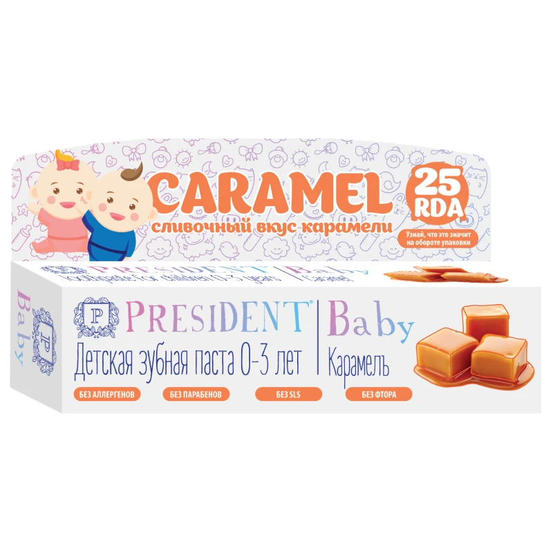 
Toothpaste PRESIDENT Baby 0-3 Caramel (25 RDA) w/o fluoride 30 ml 