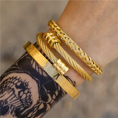 

VRIUA New Fashion Jewelry Stainless Steel Wristband Braiding Opening C Shaped Cuff Bangles Bracelet, Gold