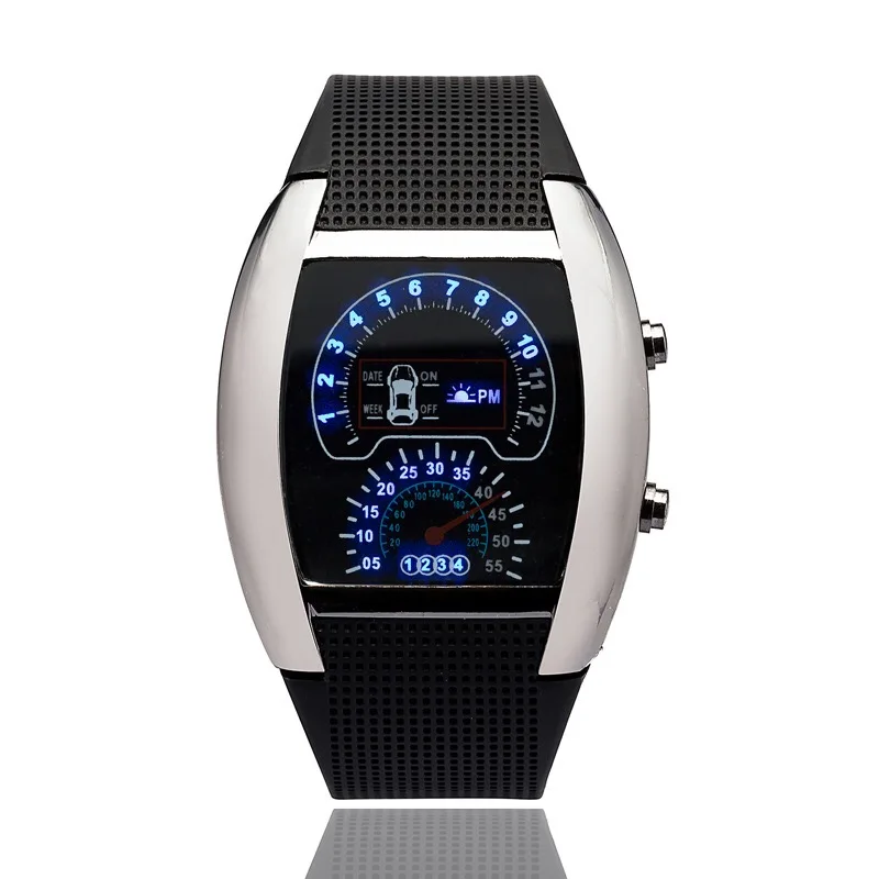 

Fashion Sports RPM Turbo Flash LED Car Speed Meter Dial led watches men wristwatch charm watch for men, women, children, Multiple colors