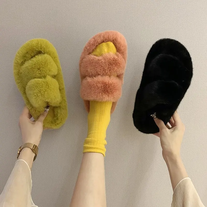 

New Arrival Factory Winter Wholesale non-slip Fluffy Furry fur slides sheepskin Faux Fur winter Womens Ladies Home Slippers