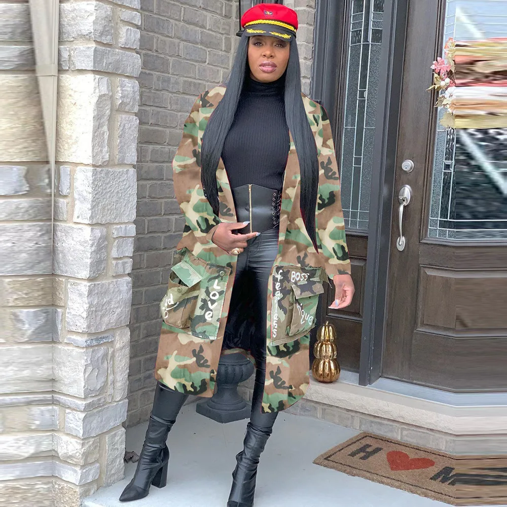 

autumn new Long casual fashion European and American camouflage printed patch coat