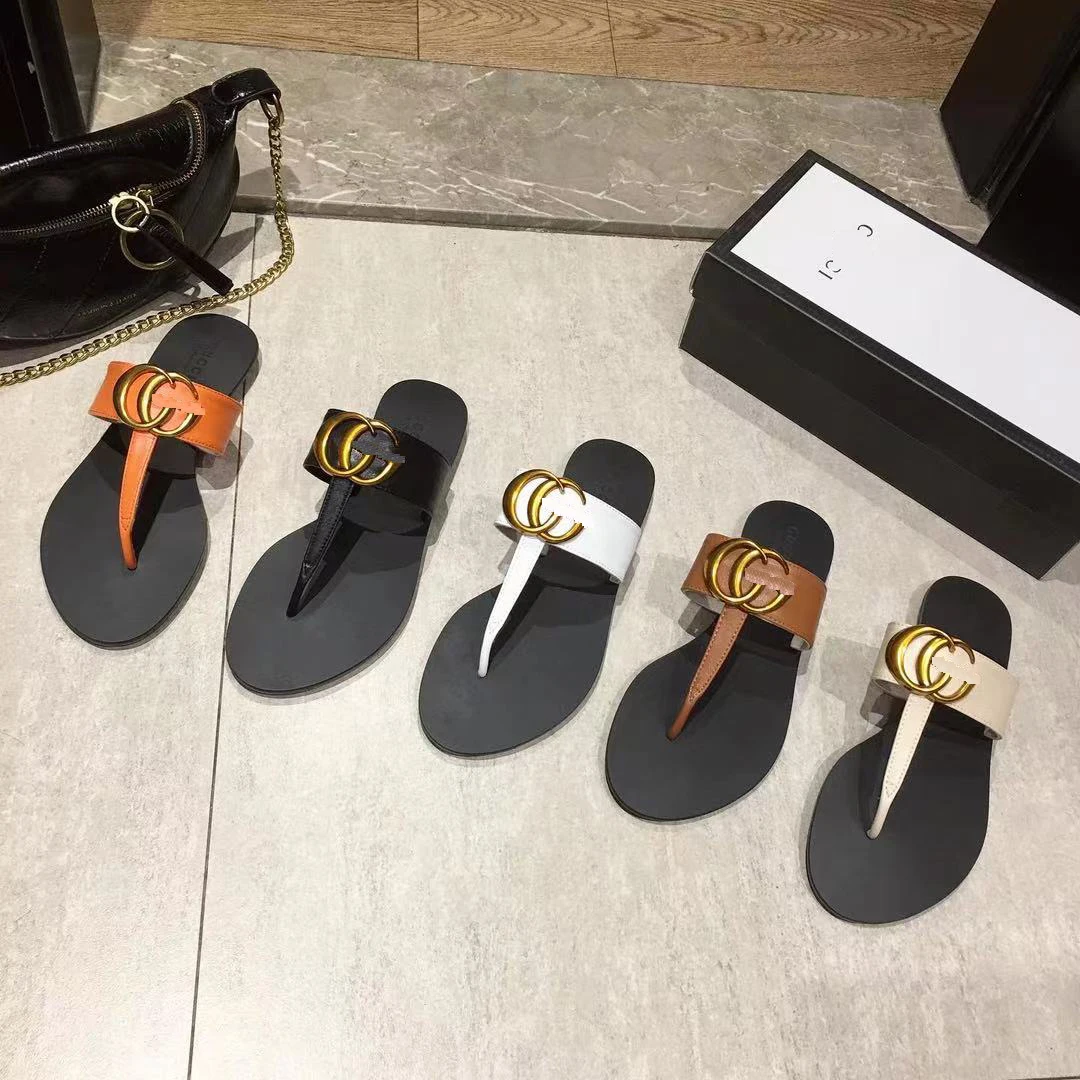 

2021 new designer spring and summer leather flat slippers letter G home casual flip flops ladies sandals, Picture