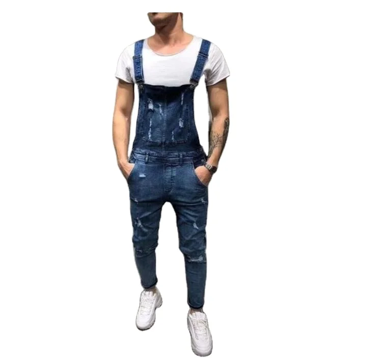 

Men's spring/fall fashion denim jumpsuit in solid color medium waist straight leg trousers