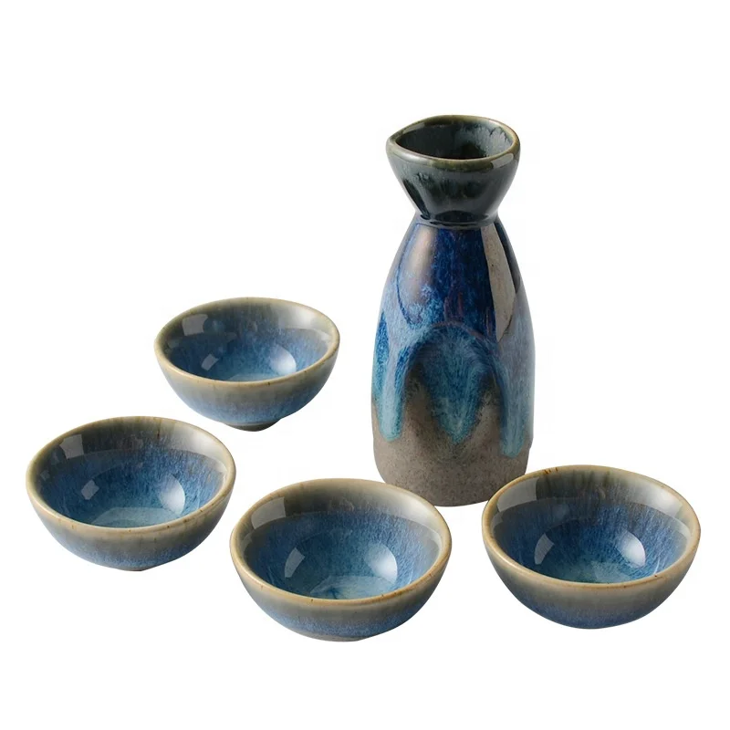 

Japanese Retro Style Kiln Change Blue Color Glazed Household Ceramic Sake Cup 40ml 4 pcs with 1 pc130ml Pot Sets