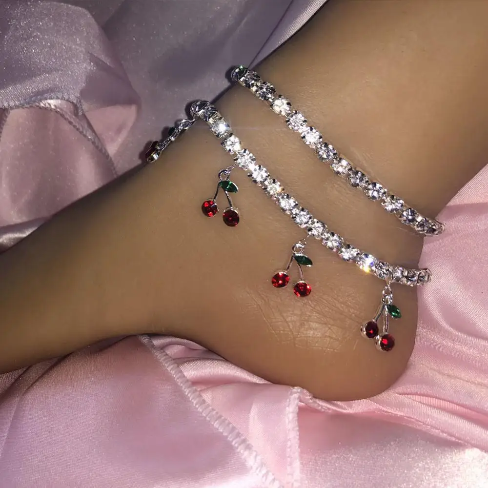 

2021 New arrival cuban link iced out diamond cherry tennis anklet