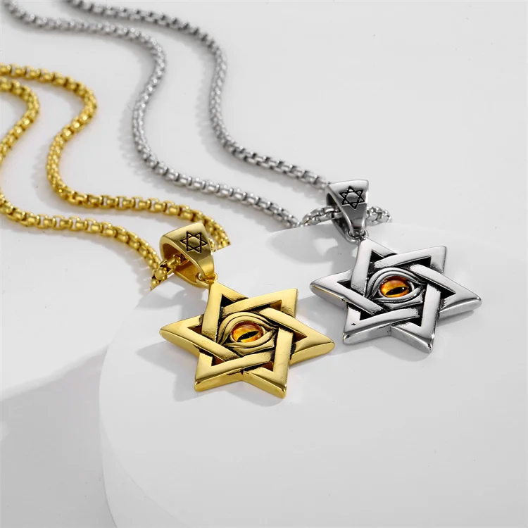 

Hexangular Star Of David necklace gold jewelry stainless steel evil eye necklace pendant for men