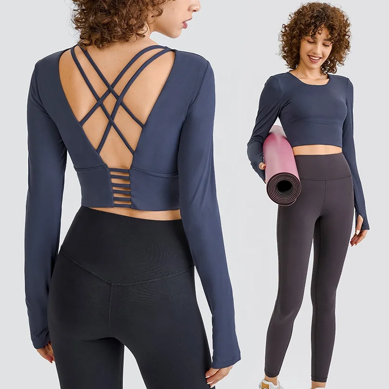 

SY136 Lulu Cross Back Long Sleeve Yoga Crop Top With Build In Shelf Bra Slim Fit Workout Fitness Top
